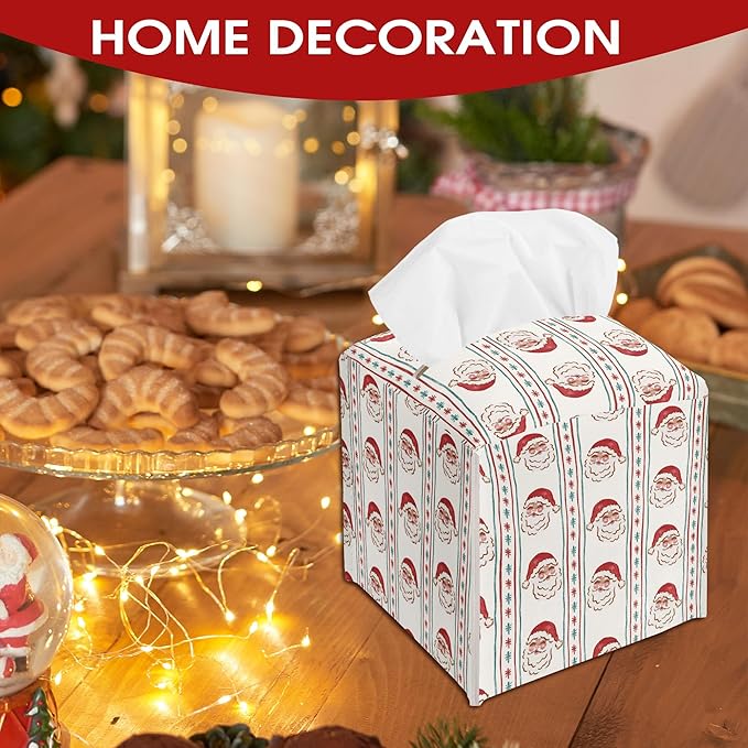Santa Claus Leather Tissue Box Cover Holder, Red Green Stripe Tissue Box Cover Square, Xmas Gift Ideas for Family Friends, Bathroom Kitchen Car Office Home Table Decor(5.2 Inches)-B12