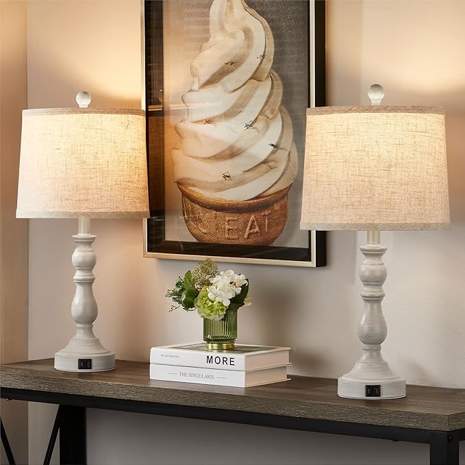 Farmhouse Side Table Lamps for Living Room Set of 2 with USB C+A Ports, Bedside Lamp for Bedroom, Dining Room Decor, Office, End Table, Knob Switch, 3 Color Temperatures, Bulb Included, Beige