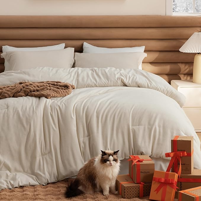 Bedsure California King Comforter Set - Beige Soft Bedding for All Seasons, Cationic Dyed Bed Set, 3 Pieces, 1 California King Size Comforter (104"x96") and 2 Pillow Shams (20"x36"+2")