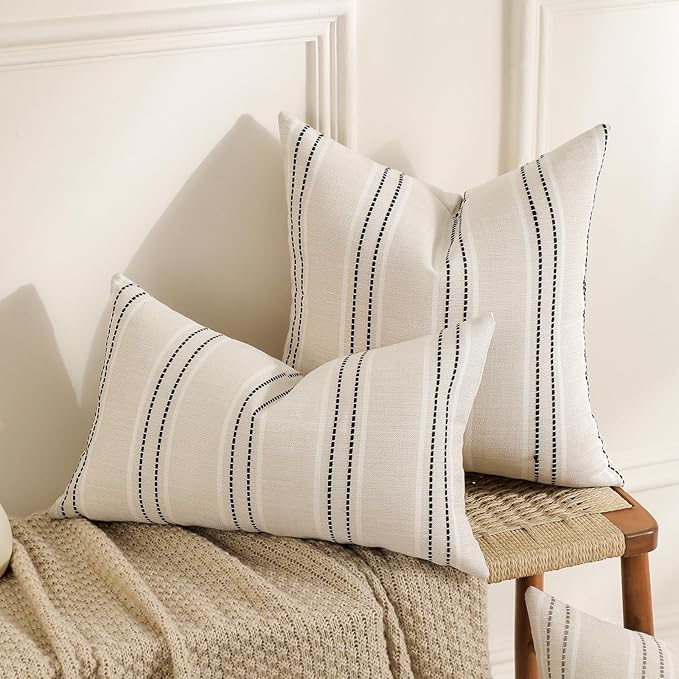 Hckot Throw Pillow Covers 12x20 Set of 2 Striped Pillow Covers Textured Linen Decorative Pillows Lumbar Cushion Covers for Sofa Couch Bed Living Room Farmhouse Decor, Black