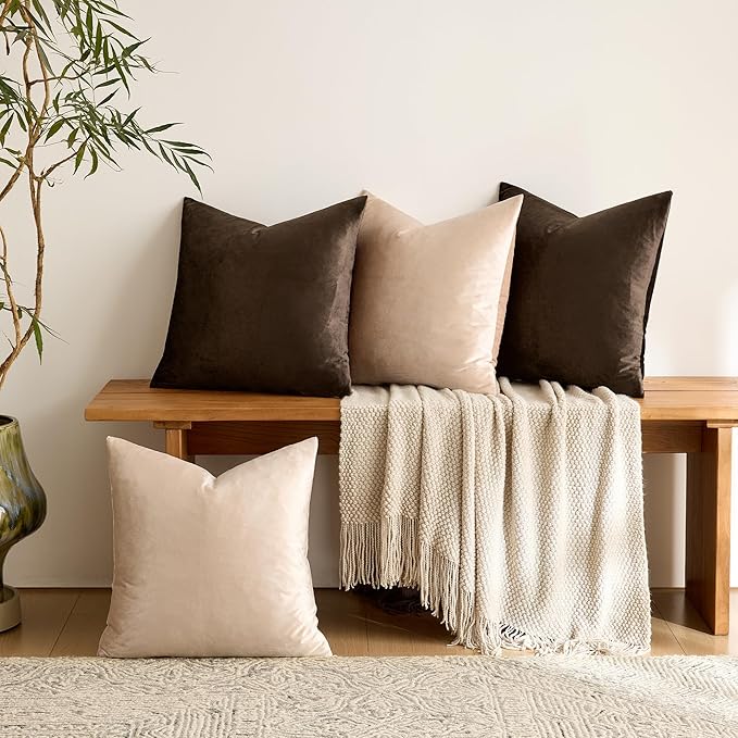 GIGIZAZA Decorative Velvet Pillow Covers - 16x16 Throw Pillows Soft Brown Champagne Beige Covers Accent for Couch Living Room Bed Square Modern Luxury Cushion Covers Home Decor Set of 4