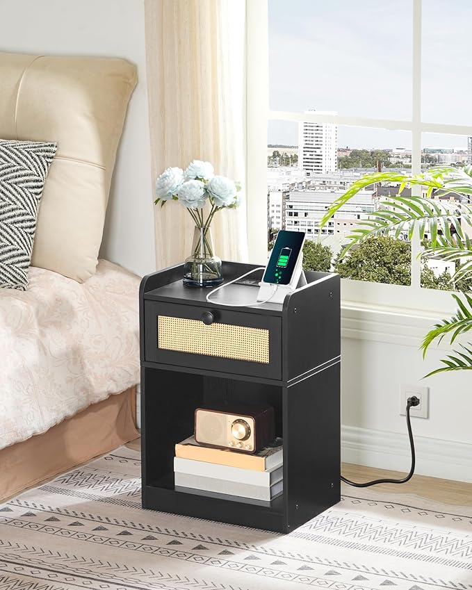 Nightstand, End Table with Charging Station, Side Table with Rattan-Style Drawer and Storage Shelf, Modern Sofa Table with 1 AC Outlet and 2 USB Ports, for Bedroom, Black MBZ01UBB
