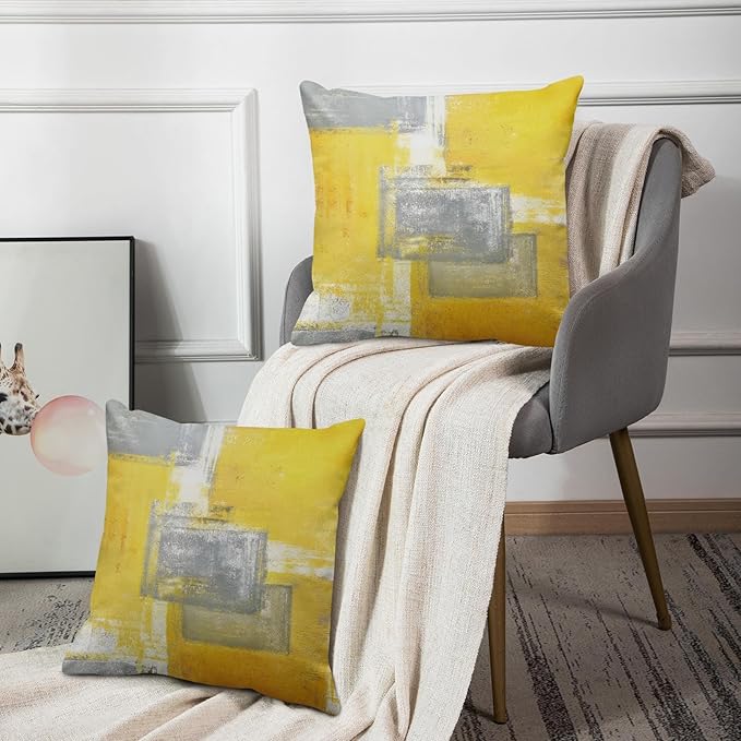 Britimes Throw Pillow Covers Modern Home Art Decor, 20 x 20 Inches Set of 2 Pillow Cases Decorative, Abstract Oil Painting Pillowcases for Bedroom, Living Room, Cushion Couch Sofa, Yellow Grey