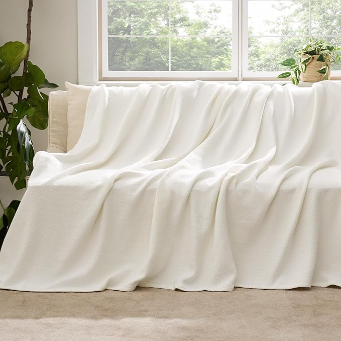 Bedsure GentleSoft 100% Cotton Blanket Twin XL Size for Bed - Breathable and Lightweight, Soft Cozy Textured Herringbone Woven Summer Blanket for College Dorm, Cream, 66x90 inches