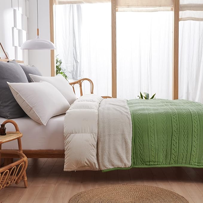 Longhui bedding Sage Green Acrylic Cable Knit Sherpa Throw Blanket - Thick, Soft, Big, Cozy Sage Green Knitted Fleece Blankets for Couch, Sofa, Bed - 50 x 63 Inches
