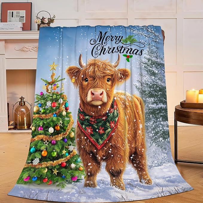 Christmas Highland Cow Blanket Cow Gifts Warm Cozy Cow Print Throw Blanket Soft Lightweight Fleece Plush Fuzzy Blanket for Girls Women Kids Aults Bed Decor 60"X80"