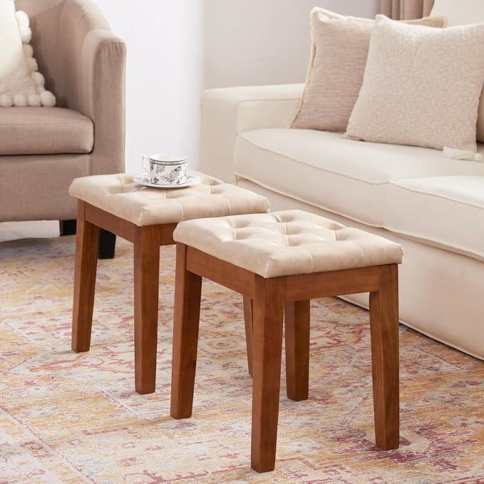 Upholstered Ottoman Stool with Padded Seat, Tufted Vanity Stool with Solid Wood Legs, Accent Stools, Faux Leather Ivory