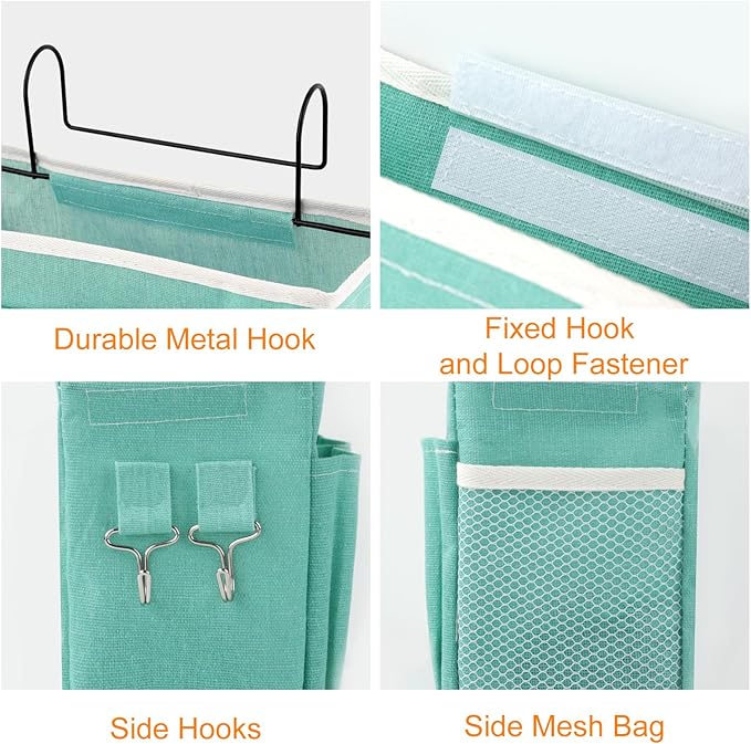 Surblue Bedside Caddy Bedside Storage Bag Hanging Organizer for Bunk, Hospital Beds, Dorm Rooms Bed Rails Camp 4 Pockets and 2 Hooks (Green)