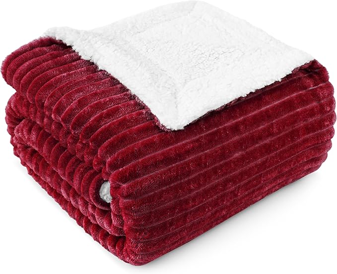 PAVILIA Wine Red Burgundy Sherpa Fleece Throw Blanket for Couch Twin, Soft Plush Fuzzy Blankets, Fluffy Flannel Sherpa Blanket for Bed, Warm 3D Ribbed Winter Blanket Gift, 60x80 inches