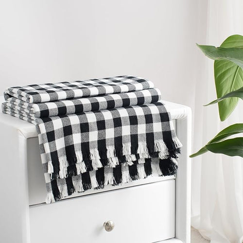 100% Cotton Throw Blanket Plaid Soft Lightweight Cozy Farmhouse Tassels Summer Thin Breathable Throws for Couch Sofa Bed (50" × 60" Black)