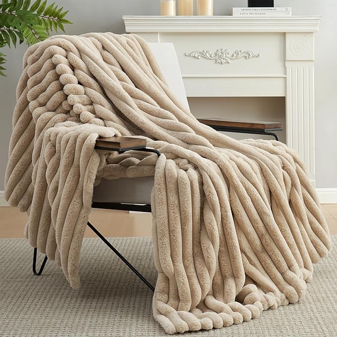 Amélie Home Faux Fur Throw Blanket for Couch, Cozy Fuzzy Fluffy Fur Luxurious Soft Striped Plush Gift Blankets for Family Sofa Chair, 60"x80", Beige
