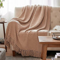 Bedsure Throw Blankets for Couch - Textured Chunky Knit Woven Chenille Blanket - Super Soft, Warm Decorative Boho Throw with Tassels for Bed, Sofa and Living Room Decor, Khaki, 60x80 Inches