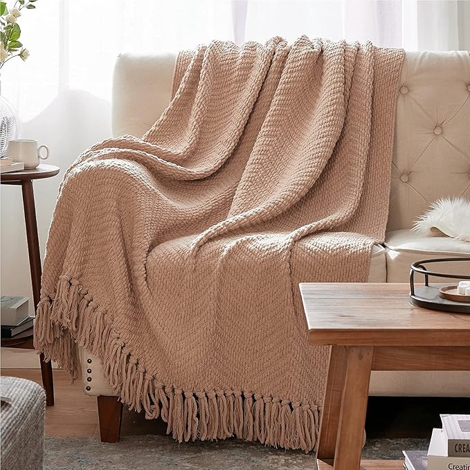 Bedsure Throw Blankets for Couch - Textured Chunky Knit Woven Chenille Blanket - Super Soft, Warm Decorative Boho Throw with Tassels for Bed, Sofa and Living Room Decor, Khaki, 60x80 Inches