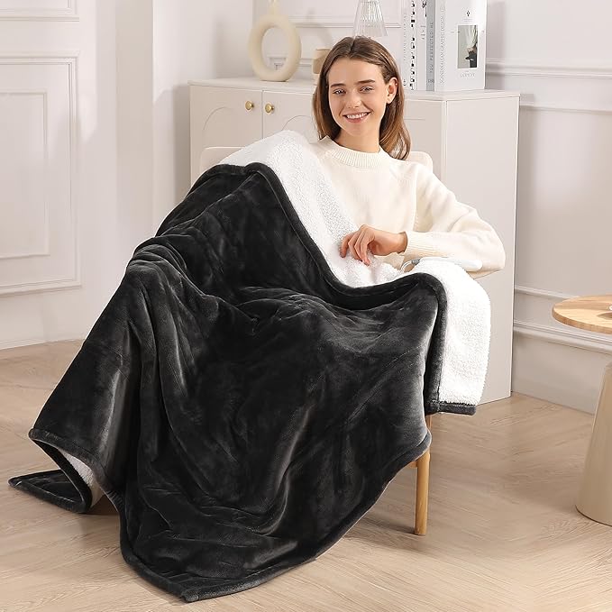 Heating Blanket Heated Throw 50''X60'' - Electric Throw Soft Plush Sherpa with 5 Heating Level & 4 Hour Auto Off, ETL Certified & Overheat Protection, Warm Gifts for Grandma (Dark Gray)
