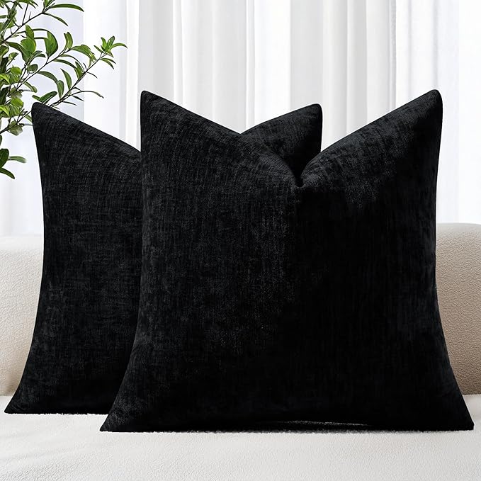 decorUhome Chenille Black Throw Pillow Covers 22x22 Inch Set of 2, Decorative Soft Couch Pillow Covers Solid Dyed Accent Farmhouse Neutral Square Pillow Cases for Sofa