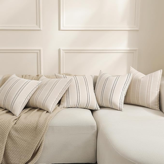 Hckot Throw Pillow Covers 24x24 Set of 2 Striped Pillow Covers Textured Linen Decorative Pillows Square Cushion Covers for Sofa Couch Bed Living Room Farmhouse Decor,Black