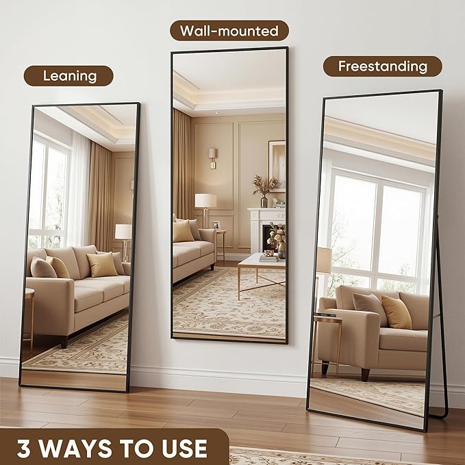Antok Full Length Mirror, 58"x21" Floor Mirror with Stand, Hanging Mounted Mirrors for Bedroom, Living Room, Cloakroom, Dining Room, Black, Rect