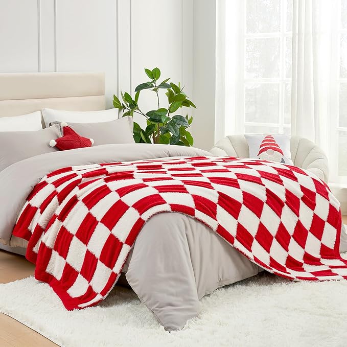 Snuggle Sac Red Checkered Valentine Blanket, Fluffy Faux Fur Ultra Soft Warm Microfiber Throw Blankets for Couch, Sofa, Chair, Bed, Red Checker, 50x60 inches