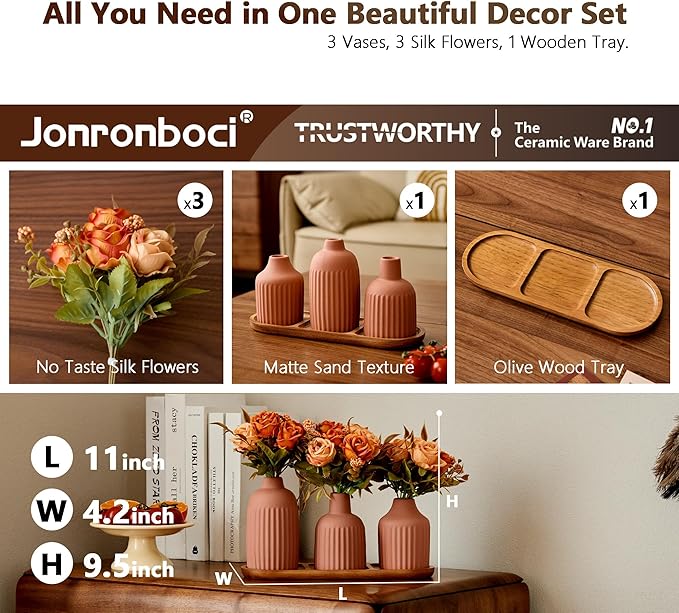 3Pcs Silk Rose Artificial Flowers with Vase & Tray - Faux Floral Plant Arrangement, Fall Fake Flowers in Vase Home Decor, Kitchen or Dining Table Decor Centerpiece, Decoration for Table (Matte Orange)