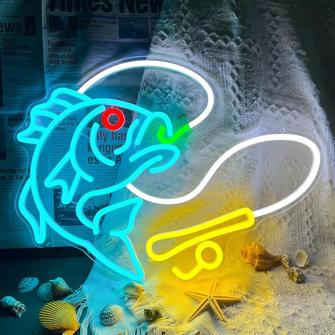 Fishing Neon Sign for Wall Decor, Dimmable Fishing Hook Lights Neon, Fishing Themed LED Neon Light Sign for Fishing Lovers Fishing Gear Store Man Cave Yacht Party Coastal Kitchen Bedroom Boy Presents