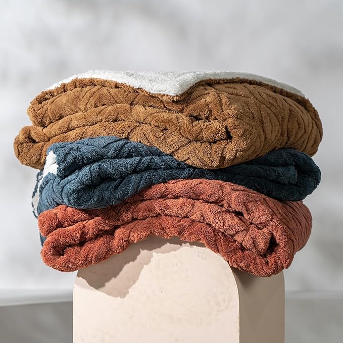 EverGrace Jacquard Boho Sherpa Fleece Throw Blanket for Couch, Super Soft Cozy Fuzzy Plush Blankets for All Seasons, Reversible Thick Warm Blanket for Bed, Sofa, Living Room, Terracotta, 50" x 60"