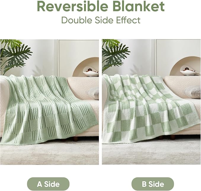 Snuggle Sac Faux Fur Checkered Blanket Twin Size,Super Soft Reversible Cozy Warm Blanket for Sofa Bedroom,Cute Lightweight Striped Throws for Women,Heather Sage Green,60x80 inches