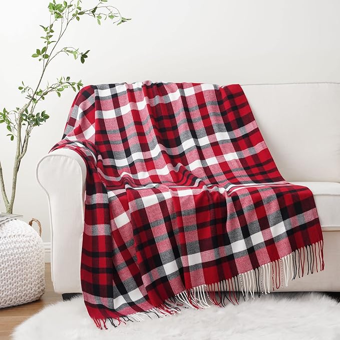 BATTILO HOME Christmas Red Plaid Throw Blanket for Couch, Bed, Super Soft Red Plaid Scarf, Throw Blanket, Christmas Decorative Throw with Tassels 50"x60"
