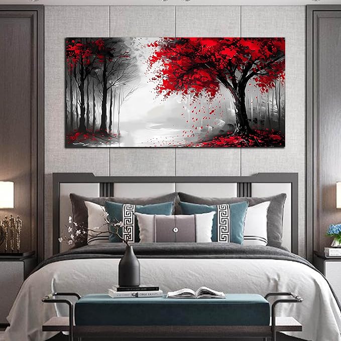 Large Canvas Wall Art for Living Room Black White and Red Forest Print Pictures Painting Framed Wall Decor for Bedroom Modern Home Plant Scenery Wall Decorations Artwork Size 30x60 Ready to Hang