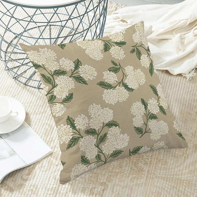 AEIOAE Spring Pillow Covers 18x18 Inch Set of 2, Beige Green Hydrangea Flower Throw Pillows Case,Floral Summer Outdoor Seasonal Decorative Farmhouse Decor Cushion Covers for Home Sofa Bed Couch