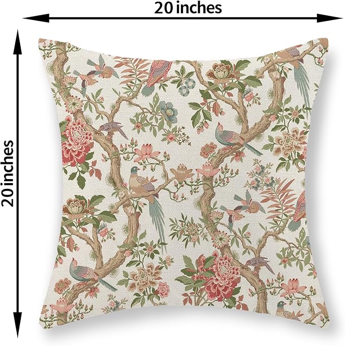 Chinoiserie Pillow Covers 20x20 Set of 2 Pink Green Bird Floral Throw Pillows Vintage Pink Flower Bird Decorative Pillow Cases Outdoor Chinoiserie Decor Farmhouse Cushion Case for Couch Sofa
