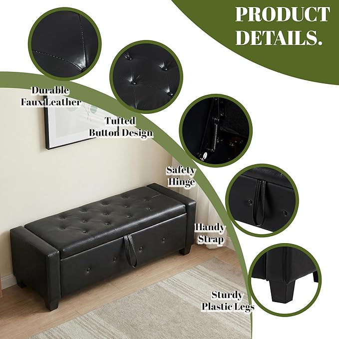 48" PU Leather Storage Ottoman Benches for Bedroom,Tufted Ottomans with Storage for Living Room,Mid Century Modern Bench with Seating for Entryway,Window,Bedside (PU Black, 48 inch)