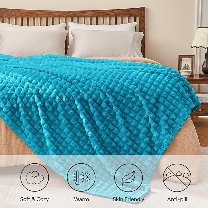 BEDELITE Teal Throw Blanket Twin Size for Bed- Super Soft and Warm 3D Checkered Fluffy Fuzzy Fleece Blanket, Luxurious Plush Cozy Blanket for Room Decor Fall and Winter, 60x80 inches