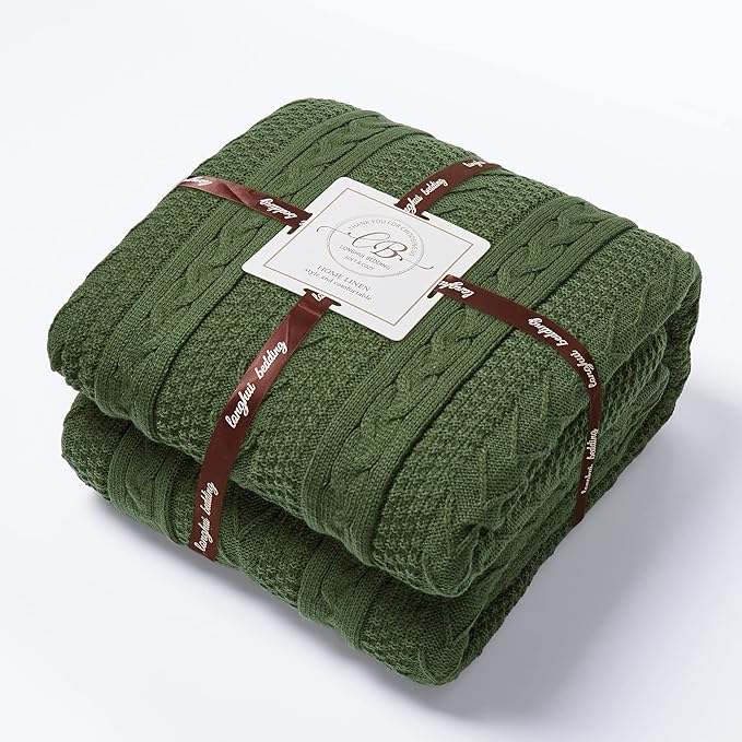 Longhui bedding Olive Green Acrylic Cable Knit Sherpa Throw Blanket - Thick, Soft, Big, Cozy Olive Green Knitted Fleece Blankets for Couch, Sofa, Bed - 50 x 63 Inches