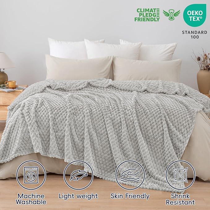 PHF Ultra Soft Flannel Fleece Blanket King Size, Lightweight 3D Jacquard Fleece Blanket, No Shedding, No Pilling, Luxury 340GSM Aesthetic Fluffy Cozy for Bed Room Decor, 108"x90", Light Grey