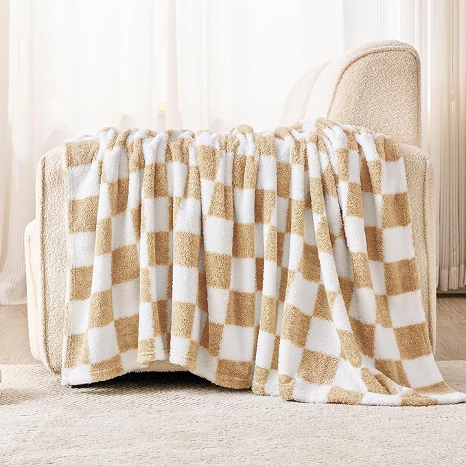 EMME Checkered Blanket Throw - 50"x60" Beige Knit Blanket Soft Fluffy Patterned Throw Blankets for Couch, Sofa, Chair, Bed, Camping, Picnic, Travel