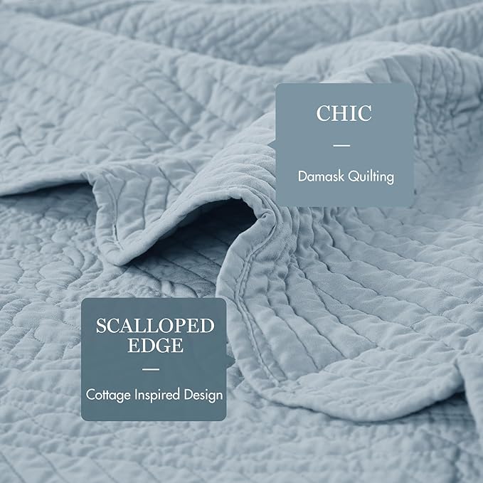 Madison Park Luxe Quilted Throw Blanket - Damask Stitching Design, Cotton Filled Spread, Ultra Soft, Cozy Bedding for Living Room Couch, Sofa, Bed, 60x72, Scalloped-Border Blue