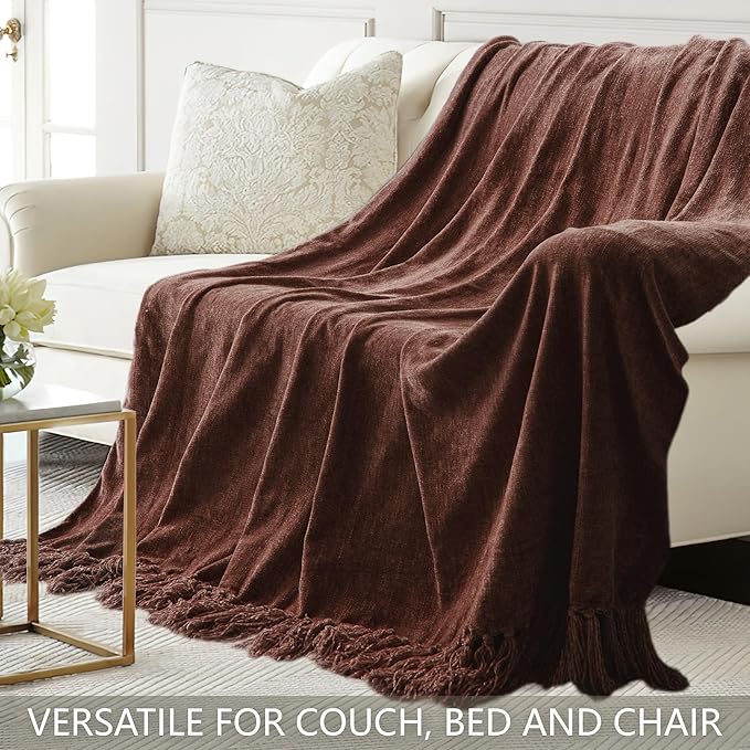 Chenille Throw Blanket for Couch 50"X 60", Soft Cozy Throws with Fringe Tassel for Bed Sofa Chair Cover, Lightweight Knitted Decorative Boho Blankets for Living Room, Dark Brown