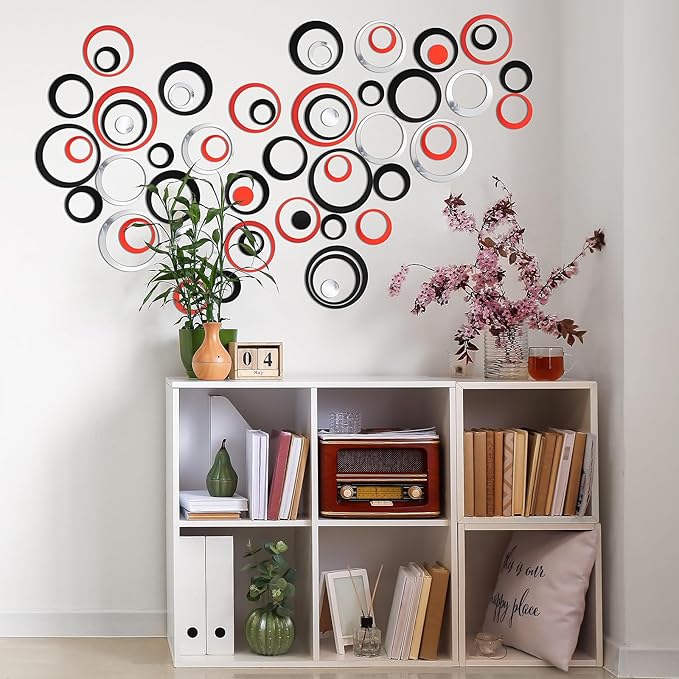 Outus 72 Pieces Acrylic Circle Mirror Wall Sticker Round Wall Decor Decals Removable DIY Adhesive for Living Room Bedroom Home Decoration (Black,Sliver,Red)