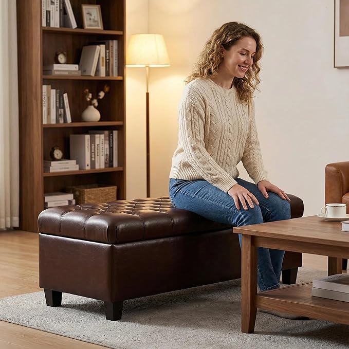 50.25" PU Leather Storage Ottoman Bench for Bedroom Bed End,Tufted Faux Leather Ottomans with Storage for Living Room,Bedside,Entryway,Modern Window Benches with Seating