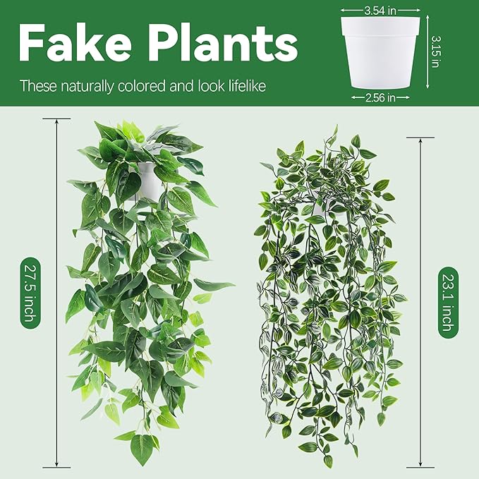 Der Rose 2Pcs Fake Plants Artificial Potted Faux Hanging Ivy Vines Plants Indoor for Home Bathroom Shelf Wall Bookshelf Decor