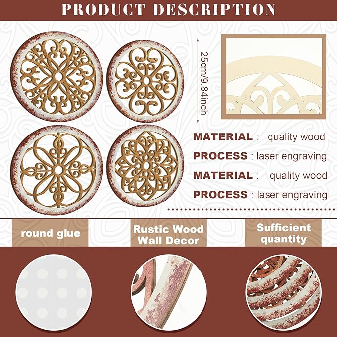 Yulejo 4 Pcs Thicken Rustic Wall Decor Farmhouse Kitchen Wall Round Art Wooden Hollow Carved Design Rustic Art for Living Room Bedroom Hallway Decor (9.8 x 9.8 Inch,Light Brown)