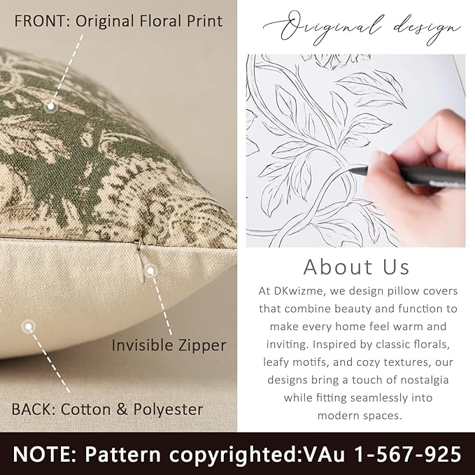 Vintage Floral Print Throw Pillow Covers 22x22 Set of 2 Neutral Modern Farmhouse Accent Decorative Cushion Covers Boho Home Decor for Couch Sofa Chair Bed Living Room, Olive Green