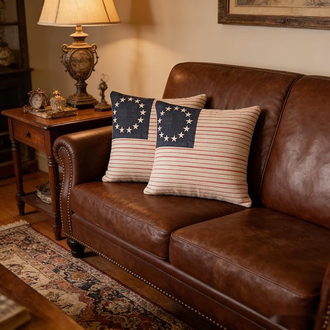 Patriotic American Flag Throw Pillow Covers, Linen, 18x18 Inch, Set of 2, Farmhouse Style, Machine Washable