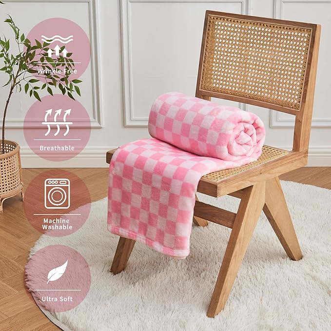 FY FIBER HOUSE Checkered Flannel Fleece Throw Blanket Queen Size Soft Cozy Checkerboard Grid Print Chessboard Gingham Pattern Blankets for Bed Couch Sofa, 90"x90", Light Pink