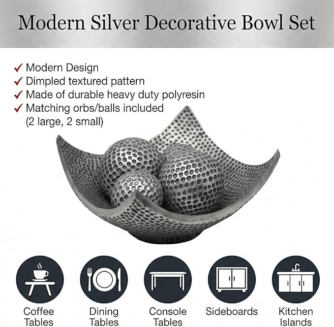 Seraphic 5pc Bowl Table Centerpieces for Dining Room, Large Decorative Bowls for Coffee Table Decor, Kitchen, Orbs/Balls Included, Silver