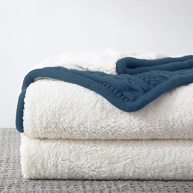 Longhui bedding Acrylic Cable Knit Sherpa Throw Blanket - Thick, Soft, Big, Cozy Grey Blue Knitted Fleece Blankets for Couch, Sofa, Bed - Large 50 x 63 Inches Gray Blue Coverlet All Season