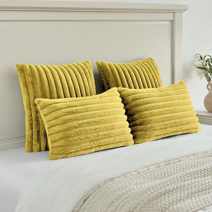 FUTEI Mustard Yellow Decorative Throw Pillow Covers Set of 2, 22x22 Inch Soft Fluffy Faux Fur Plush Striped Cushion Cases, Modern Home Decor for Couch Bed Living Room