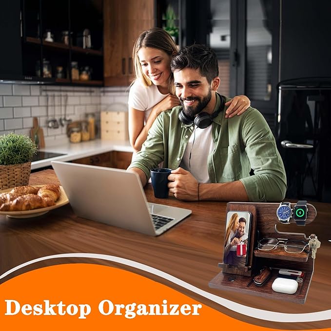 Gifts for Men Boyfriend Him Brother Nightstand Organizer Gifts for Dad from Daughter Son Wood Phone Docking Station Anniversary Birthday Gifts (Walnut)