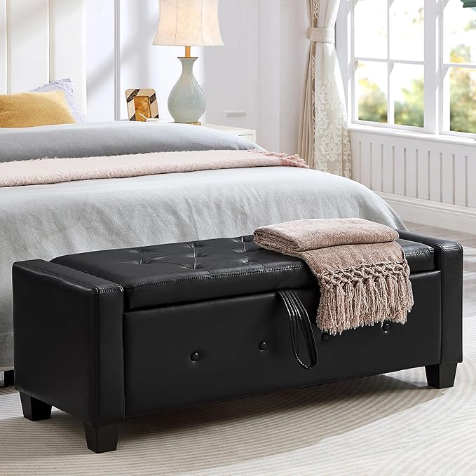 48" PU Leather Storage Ottoman Bench for Bedroom Bed End,Tufted Faux Leather Ottomans with Storage for Living Room,Bedside,Entryway,Modern Window Benches with Seating (PU Black, 48")
