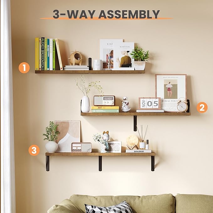 upsimples 35.4 Inches Floating Book Shelves for Wall, Long Floating Wood Shelves for Living Room, Library, Bedroom, Office Organizer and Storage, Brown